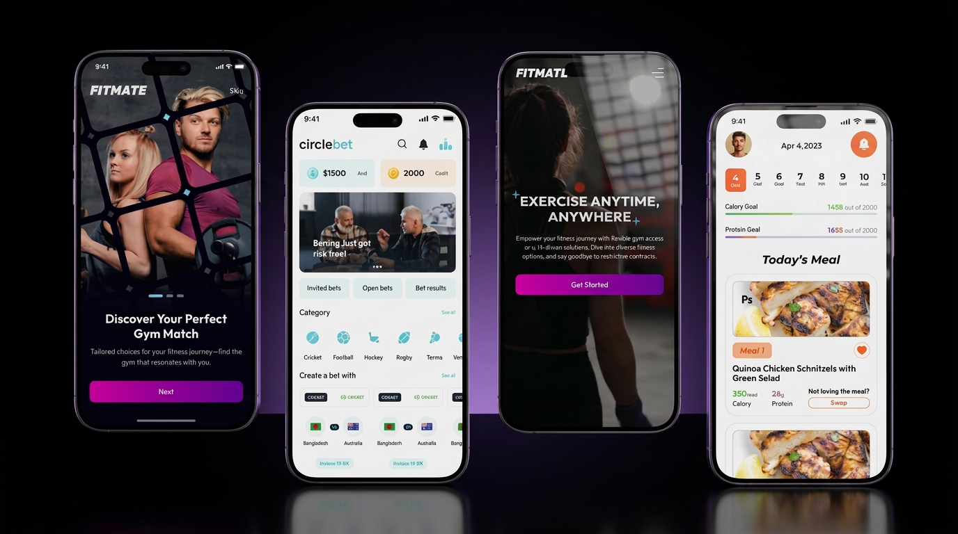 Fitmate, CircleBet and Chippit mobile apps built by DevWare shown on iPhone screens
